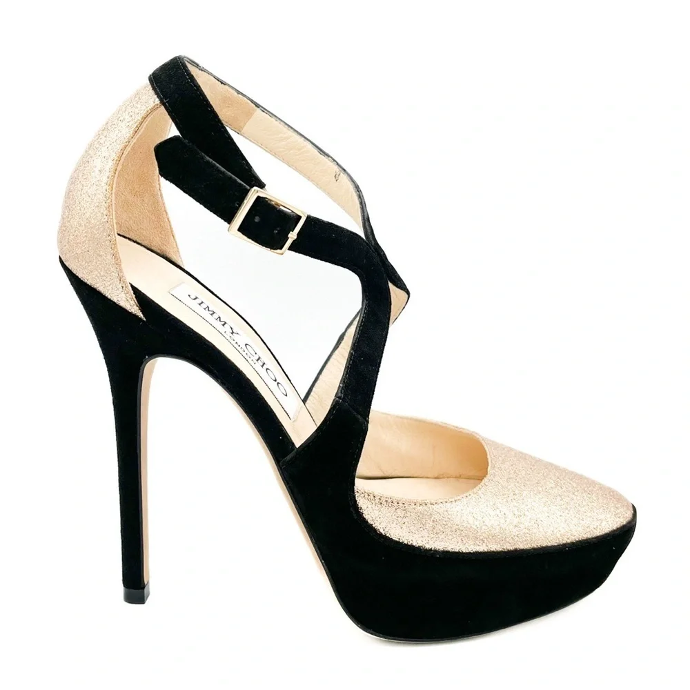 Jimmy Choo Tulip Glitter-Suede Criss Cross Platform Stiletto Heel Pumps - Picture 1 of 9